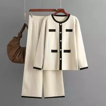 Осенне-зимний женский вязаный комплект из свитера, широкие брюки, маленький ароматный стильный модный повседневный комплект One Size абрикосовый