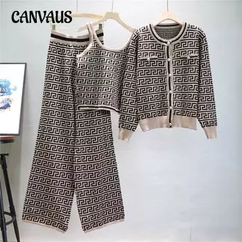 Осенне-зимний женский вязаный костюм, модный жаккардовый вязаный кардиган, куртка-майка, тонкие прямые широкие брюки с высокой талией из трех предметов One Size хаки