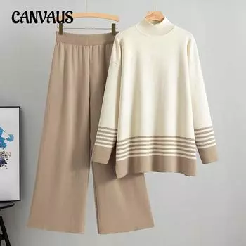 Осенне-зимний женский вязаный костюм, полуводолазка, свитер, цветные брюки, широкие брюки, модный комплект из двух предметов Tide One Size хаки