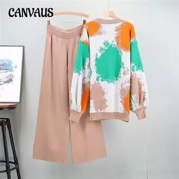 Осенне-зимний женский вязаный костюм, простой ретро-модный свитер с длинными рукавами, широкие брюки, свободный повседневный комплект из двух предметов One Size белый