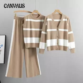 Осенне-зимний женский вязаный костюм, широкие брючные костюмы, модный свободный костюм для отдыха, старения, комплект из трех предметов One Size хаки