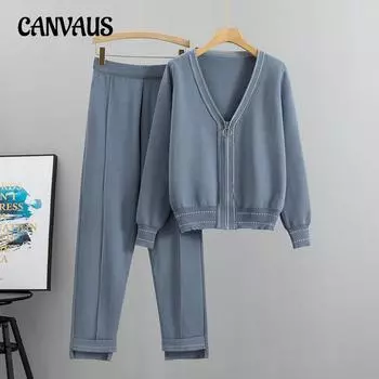 Осенне-зимний женский вязаный костюм, утолщенный свитер, куртка, вязаный кардиган, брюки, свободный повседневный модный костюм большого размера из двух предметов