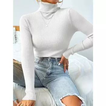 Осенне-зимний женский вязаный однотонный свитер с воротником-стойкой, повседневный джемпер в рубчик, топы, женский пуловер, одежда XS дубильная кора