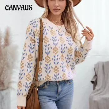 Осенне-зимний женский вязаный свитер больших размеров с круглым вырезом и цветочным принтом S верблюд