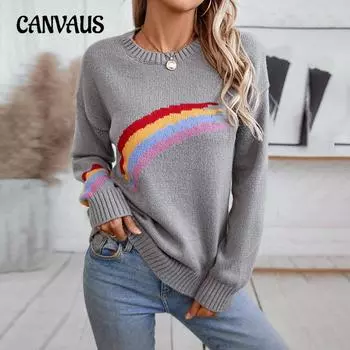 Осенне-зимний женский вязаный свитер больших размеров с радужными полосками, свободный свитер-пуловер S серый