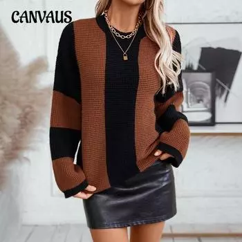 Осенне-зимний женский вязаный свитер больших размеров, свободный круглый вырез, пуловер с расклешенными рукавами, свитер Color Collision S оранжевый