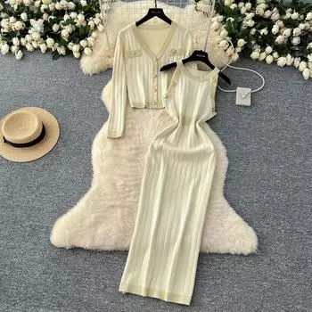 Осенне-зимний женский вязаный свитер из двух частей, куртка с V-образным вырезом, пальто и длинное облегающее платье-футляр без рукавов One Size абрикосовый