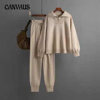 Осенне-зимний женский вязаный свитер, комплект с воротником-поло, свободный модный повседневный топ с длинными рукавами, длинные брюки, комплект из двух предметов One Size хаки