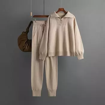 Осенне-зимний женский вязаный свитер, комплект с воротником-поло, свободный модный повседневный топ с длинными рукавами, длинные брюки, комплект из двух предметов One Size хаки