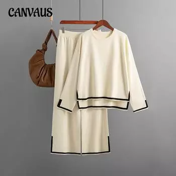 Осенне-зимний женский вязаный свитер, комплект, темпераментный цветной коллизион, топ с длинными рукавами и высокой талией, широкие брюки, две части One Size серый