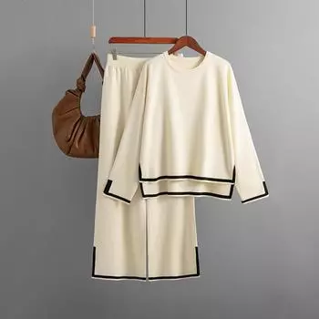 Осенне-зимний женский вязаный свитер, комплект, темпераментный цветной коллизион, топ с длинными рукавами и высокой талией, широкие брюки, две части One Size серый