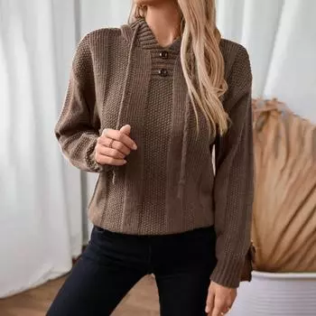 Осенне-зимний женский вязаный свитер однотонный свободный с длинными рукавами и капюшоном на шнурке в стиле ретро для женщин S розовый