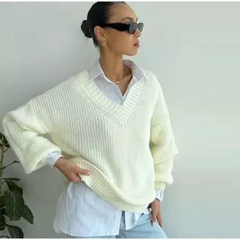 Осенне-зимний женский вязаный свитер, повседневный, однотонный, с длинными рукавами и V-образным вырезом, пуловер бежевый