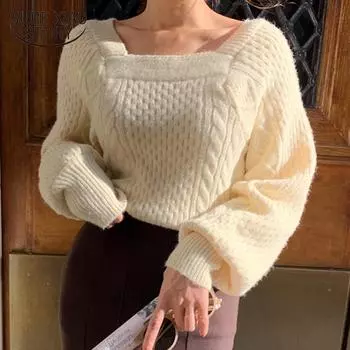 Осенне-зимний женский вязаный свитер с длинным рукавом, тонкий пуловер, элегантный модный пуловер с квадратным воротником, женские свитера One Size дубильная кора