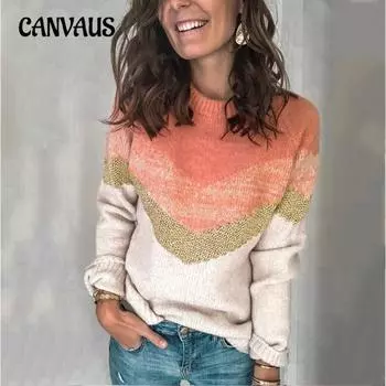 Осенне-зимний женский вязаный свитер с контрастными цветами, пуловер с круглым вырезом и длинными рукавами S розовый