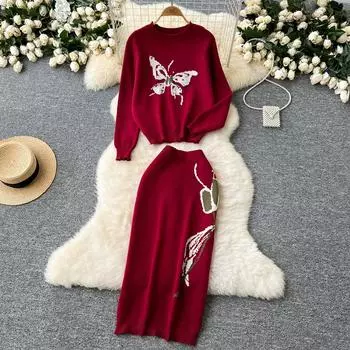 Осенне-зимний женский вязаный свитер с принтом, комплект из двух частей, пуловер с длинными рукавами и длинная облегающая юбка-футляр средней длины One Size красный