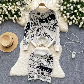 Осенне-зимний женский вязаный свитер с принтом, комплект из двух частей: топ-пуловер и мини-юбка-карандаш с короткими рукавами One Size абрикосовый