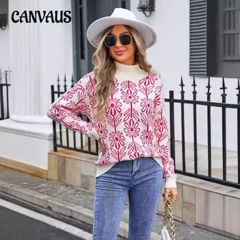 Осенне-зимний женский вязаный свитер с высоким воротом и цветочным узором S синий