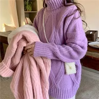 Осенне-зимний женский вязаный свитер с высоким воротом, свободный, корейская мода 2024 года, новые утолщенные топы с длинным рукавом, повседневный простой пуловер, одежда 2118 One Size серый