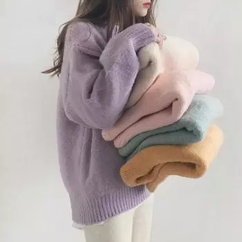 Осенне-зимний женский вязаный свитер, свободный топ с круглым вырезом, новый утолщенный повседневный элегантный свитер с длинным рукавом, однотонная базовая одежда 2247 One Size абрикосовый