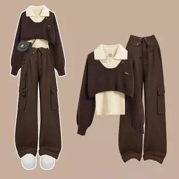 Осенне-зимний женский вязаный свитер, женская майка-поло, универсальные рабочие брюки, комплект из трех предметов M синий