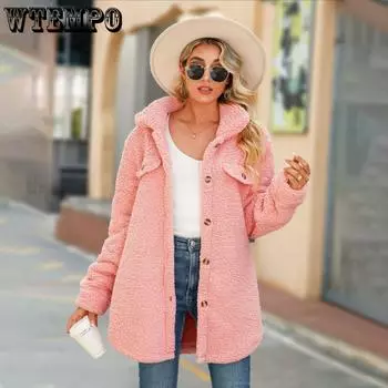 Осенне-зимний женский жакет с длинным рукавом, свободным лацканом, ложными карманами, длинный плюшевый пиджак S чёрный