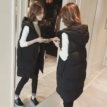 Осенне-зимний женский жилет, длинная пуховая хлопковая куртка, свободная куртка большого размера, куртка без рукавов с капюшоном и карманом XXXXXL чёрный