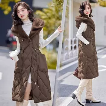 Осенне-зимний женский жилет из хлопка с пухом, средняя и длинная талия, внутренний жилет, терможилет, жилет с капюшоном, куртка без рукавов L