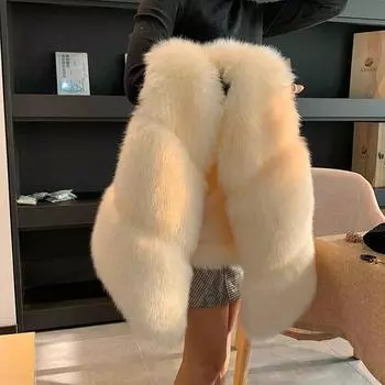Осенне-зимний женский жилет из искусственного меха, короткий жилет в корейском стиле, жилет из искусственного меха лисы, куртка сращивания S абрикосовый