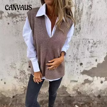 Осенне-зимний женский жилет, повседневный трикотажный свитер с V-образным вырезом, однотонный, базовые жилеты S чёрный