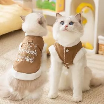 Осенне-зимний жилет для домашних животных, простое джинсовое хлопковое пальто с принтом, зимнее теплое плюшевое пальто с воротником, одежда для кошек, одежда для щенков XS