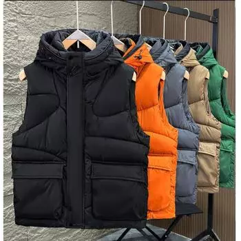 Осенне-зимний жилет из хлопка для мужчин, модная куртка с открытыми плечами, без рукавов, утолщенная куртка для верховой езды, теплый мужской жилет с капюшоном L чёрный