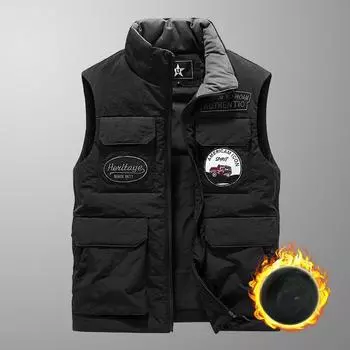 Осенне-зимний жилет из хлопка с пухом, мужской жилет с несколькими карманами, утолщенный воротник-стойка, черный жилет Locomotive M чёрный