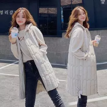 Осенне-зимний жилет из хлопка, женская модная куртка-бомбер средней и длинной длины с капюшоном, свободный жилет из хлопка для студентов L [Recommended below 57.5kg] чёрный