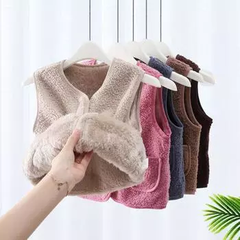 Осенне-зимний жилет из овечьей шерсти и бархата для девочек и мальчиков, плюшевый жилет, однобортный, с V-образным вырезом, детский, теплый, модный, теплый, пальто 160cm бежевый
