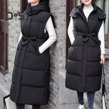 Осенне-зимний жилет с хлопковой подкладкой, женский длинный пуховый жилет, ветрозащитный теплый зимний жилет с капюшоном, верхняя одежда M чёрный