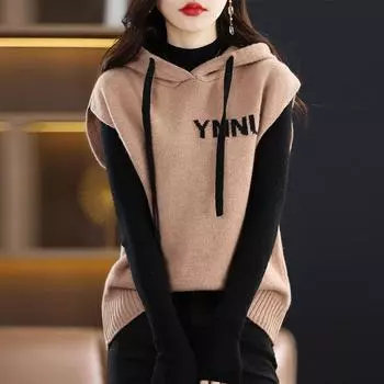 Осенне-зимний жилет с капюшоном без рукавов, женский свободный трикотажный жилет в тон XXL чёрный