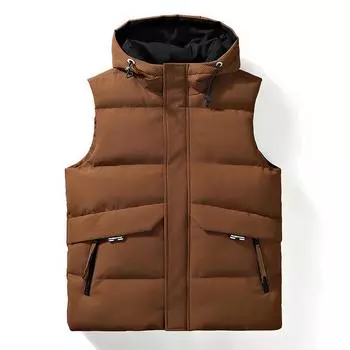 Осенне-зимний жилет с капюшоном, мужской жаккардовый свободный хлопковый теплый жилет с подкладкой, жилет для пары S коричневый