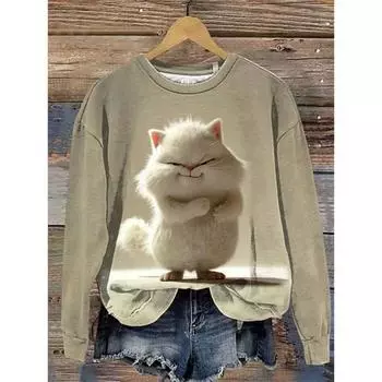 Осенне-зимняя элегантная 3D футболка с принтом толстого кота и питомца, пуловер, новая женская мода, свитшот с длинным рукавом и круглым вырезом, женская одежда S