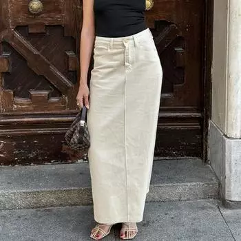 Осенне-зимняя элегантная однотонная модная женская юбка, облегающая, с высокой талией, универсальная юбка с карманами и разрезами для женщин S бежевый