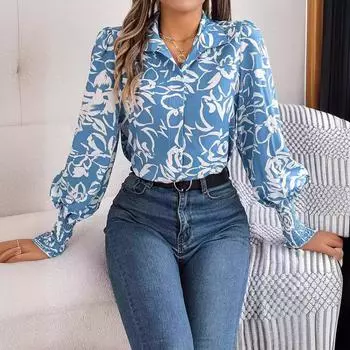 Осенне-зимняя элегантная рубашка контрастного цвета с цветочным узором и рукавами-фонариками с лацканами S белый