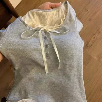 Осенне-зимняя элегантная тонкая футболка на пуговицах для женщин, французская винтажная рубашка с длинным рукавом, корейская мода, повседневная одежда с рюшами S серый