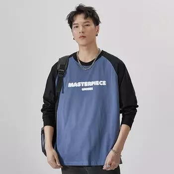 Осенне-зимняя американская футболка с круглым вырезом и длинными рукавами из плотного хлопка, мужская модная фирменная принтованная футболка, свободная повседневная рубашка M джинсовый синий