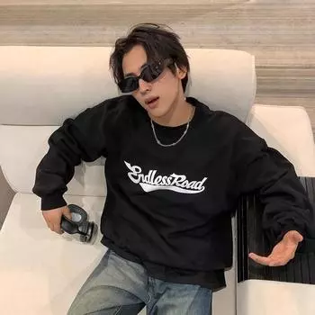 Осенне-зимняя американская ретро-печатная графическая толстовка-пуловер для мужчин, свободный Y2K персонализированный простой плюс бархатный топ с круглым вырезом S чёрный