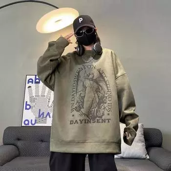 Осенне-зимняя американская замшевая толстовка с круглым вырезом для мужчин и подростков Y2K Retro Personality, свободная футболка с длинными рукавами, верхняя одежда Ins S бежевый