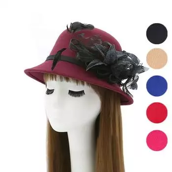Осенне-зимняя аристократическая марлевая шляпа с перьями и цветами для женщин, зрелых темпераментов, купол из искусственной шерсти бежевый