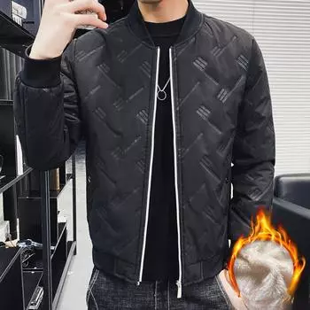 Осенне-зимняя бархатная хлопковая подбитая одежда мужская облегающая однотонная куртка с бейсбольным воротником молодежная куртка корейского образца мужская одежда M чёрный