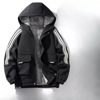 Осенне-зимняя бархатная куртка большого размера для мужчин с капюшоном, хлопковая утолщенная теплая одежда для активного отдыха в горах M чёрный