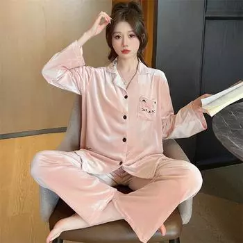 Осенне-зимняя бархатная милая пижама, женские теплые брюки с длинным рукавом, домашняя одежда, комплект пижамы, бархатное интимное белье, ночная одежда M белый