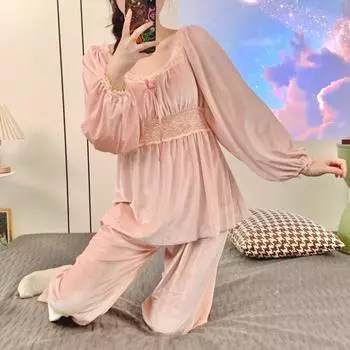 Осенне-зимняя бархатная пижама женская одежда для сна домашняя одежда милая пижама в стиле принцессы брючные костюмы сексуальная кружевная домашняя одежда M